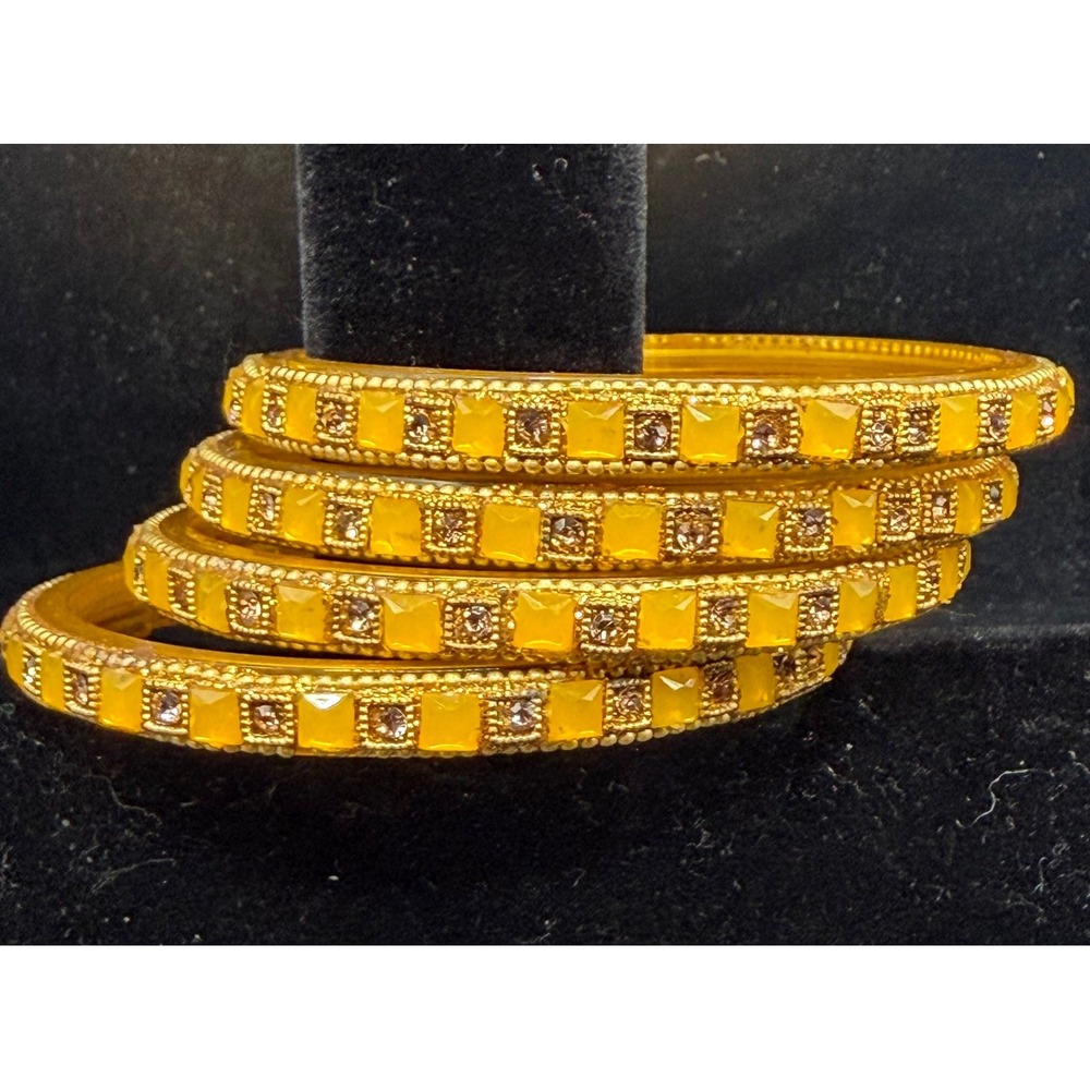 Yellow Resin Bangle Set 4pc Square Stone Rhinestone Gold Tone Ethnic Bracelets